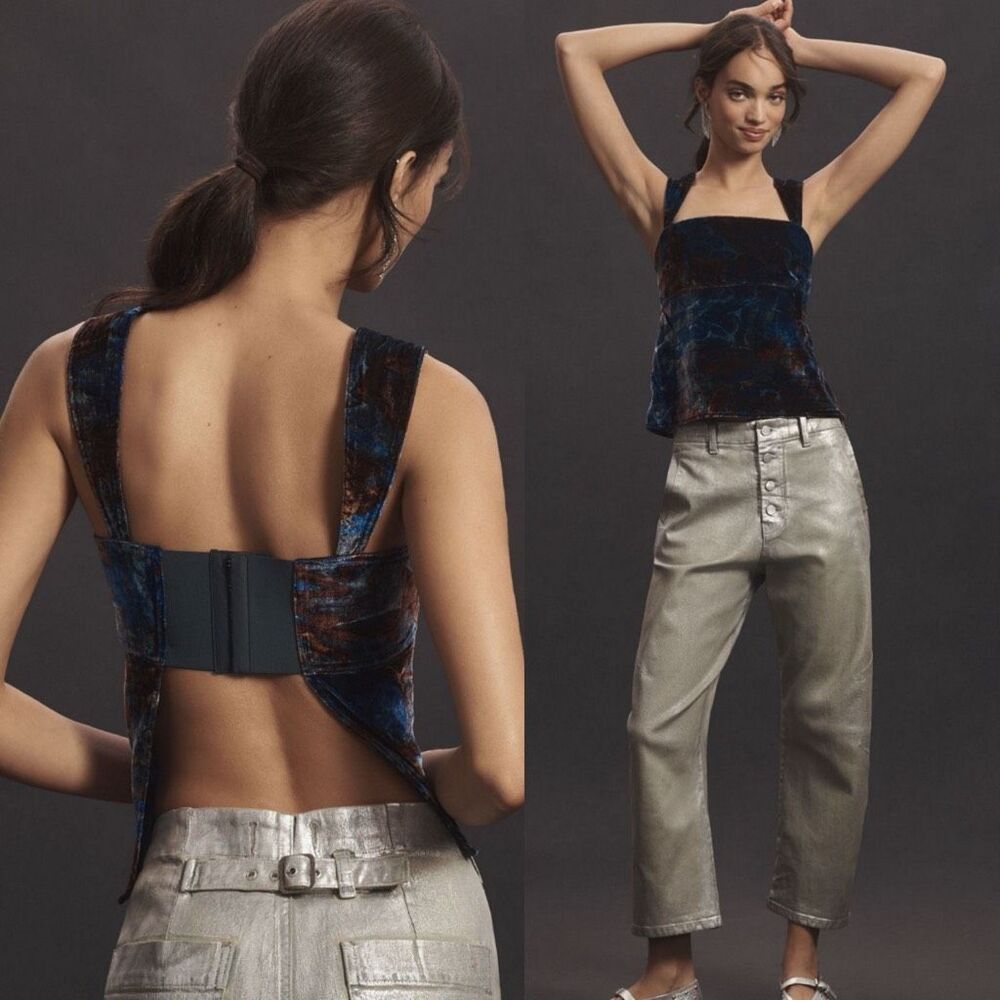 Pilcro Velvet Flyaway Top Blue Burnout Open Back Tank Size M - Picture 3 of 11